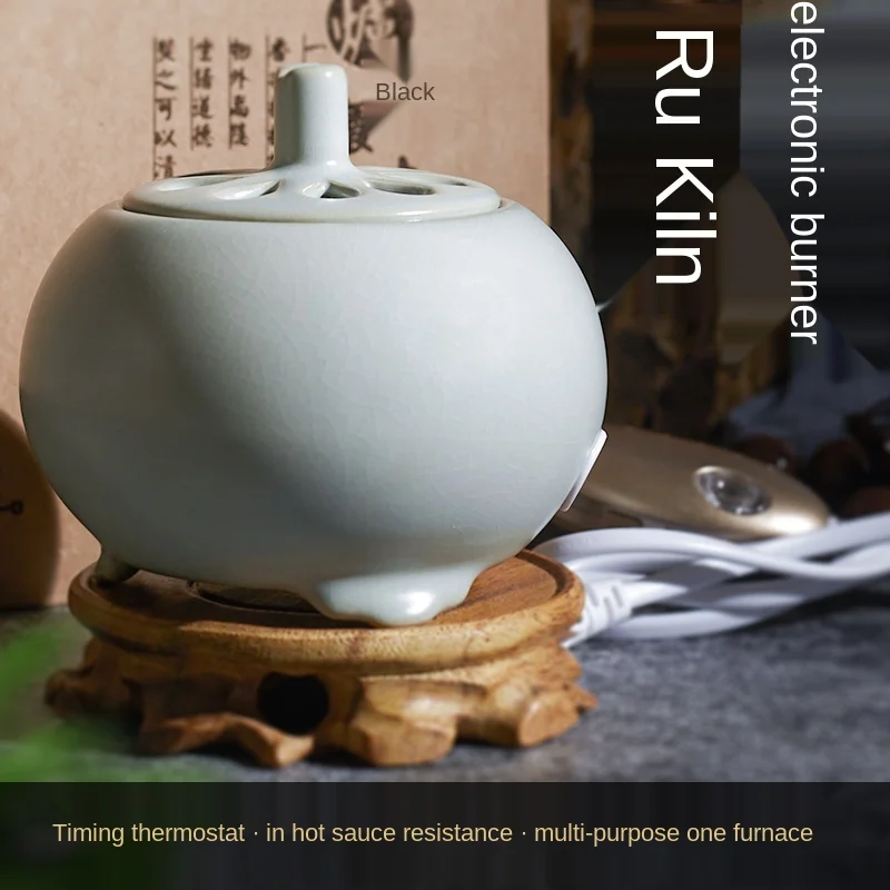 

Taiwan Ceramic Ru Ware Electronic Incense Burner Timing Sandalwood Essential Oil Plug-in Incense Burner Black White Style
