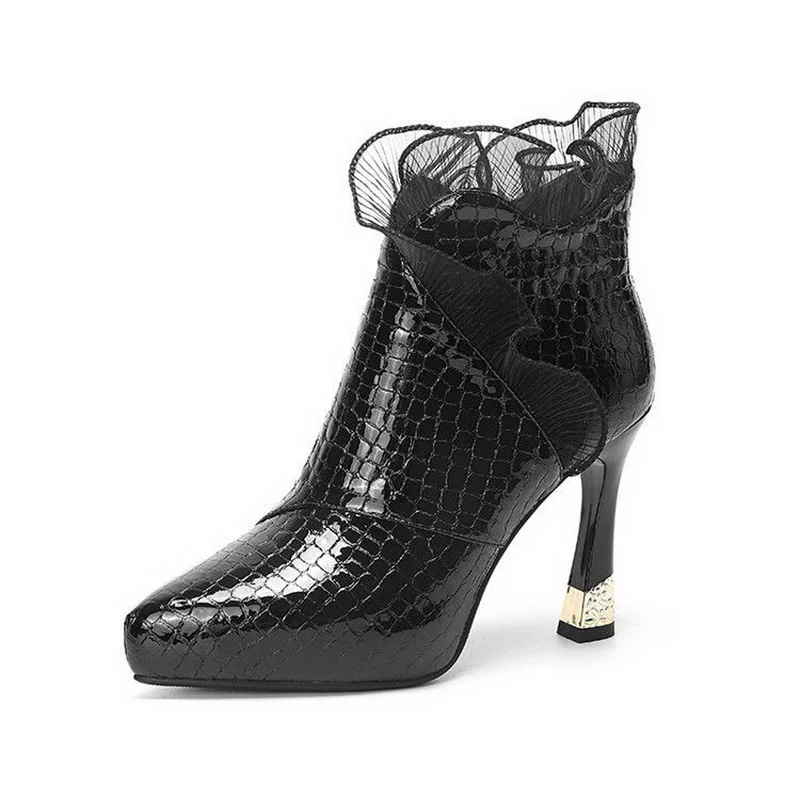 

Genuine Leather High Heeled Short Boots,Women's Winter Platform Shoes,Lace Short Boot,Pointed toe,2020 Female Footware Black,