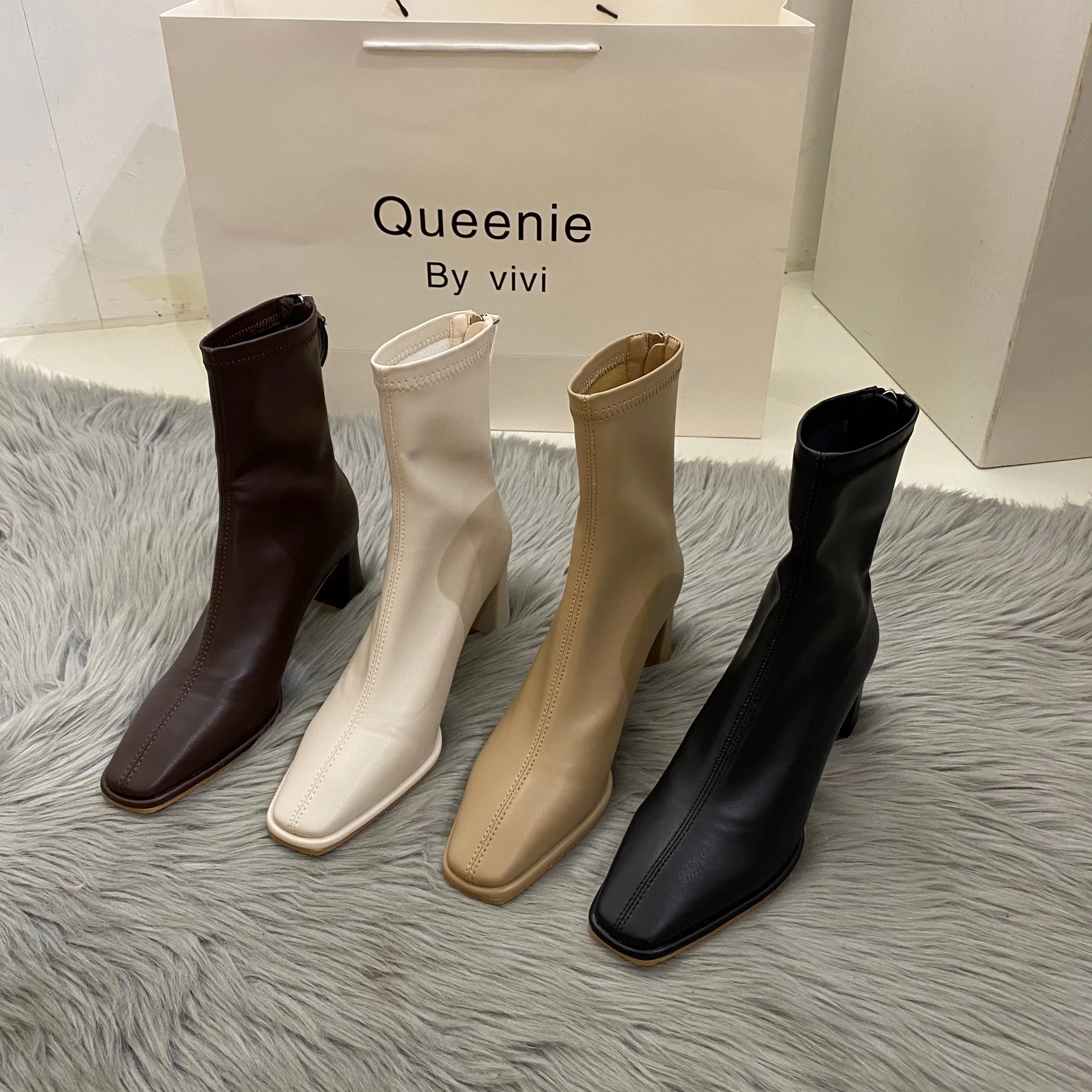 

Women Boots High Heels Boots-Women White Shoes Zipper Stiletto 2021 Ladies Rubber Autumn Ankle Low Rock Square Toe Rome Solid PU