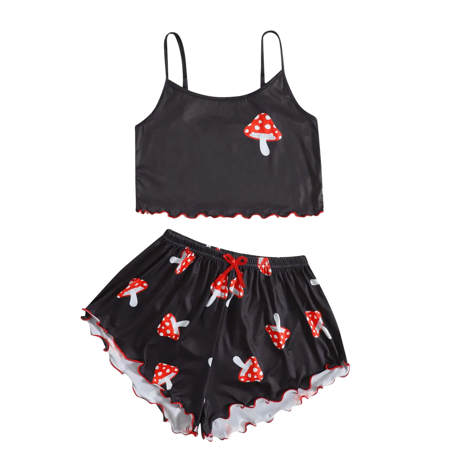 

Women Pajamas Set 2 Pieces Cute Mushroom Print Sleepwear Sling Camis And Shorts Cotton Pijama Mujer Sexy Pyjama Pour Femme