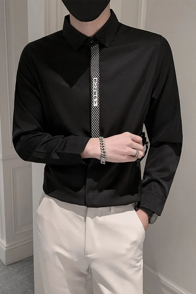 2021 new fashion long sleeve shirt solid color slim fit breathable trend men's social leisure business black and white shirt