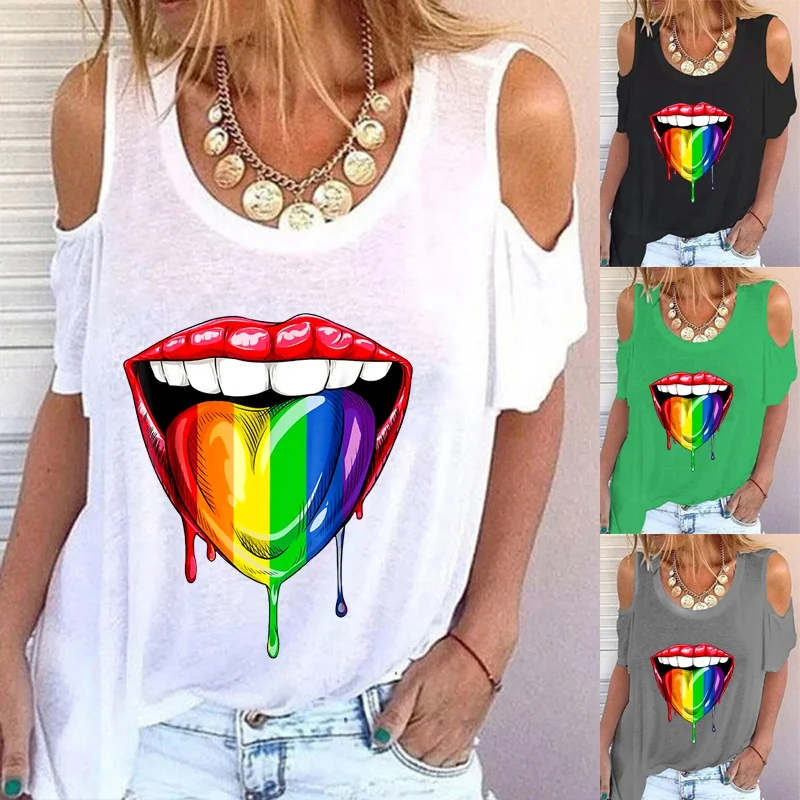 

Summer Fashion Women's Clothing Lips Printed Casual T-shirt Short Sleeve Off Shoulder Tops Ladies Plus Size Blouse