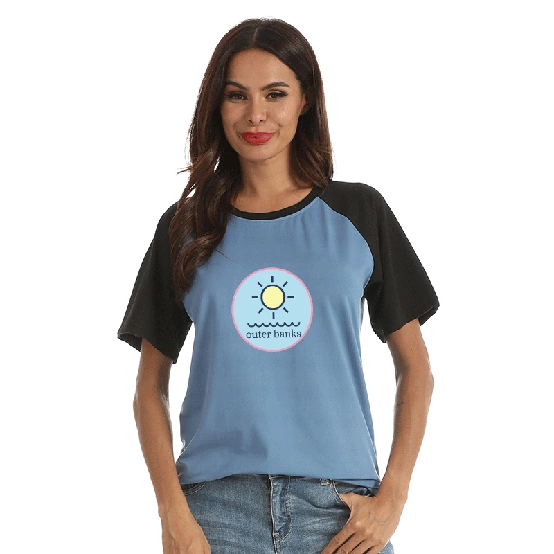 

Женская футболка контрастных цветов в стиле пэчворк, летняя повседневная модная уличная одежда в Корейском стиле Харадзюку с принтом внешн...