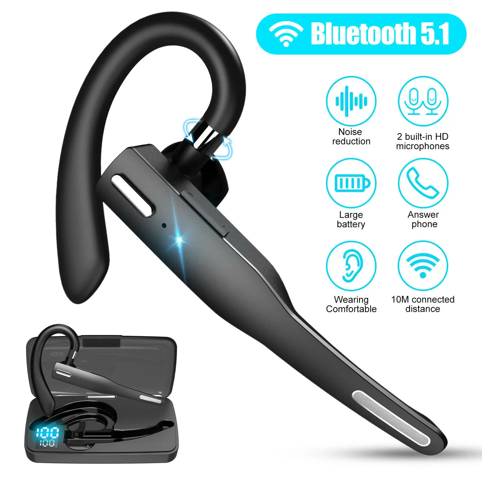 

Trucker Wireless Bluetooth 5.1 Earpiece Headset Dual Mic Earbud Noise Cancelling Drving Business Single Ear Earphone