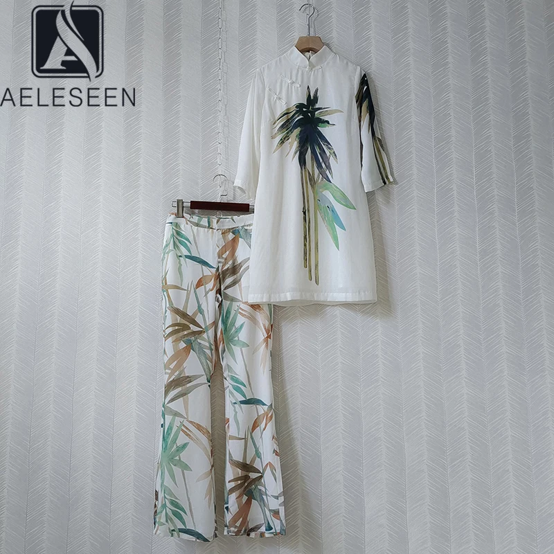 

AELESEEN Runway Fashion 2 Pieces Sets 2022 Cheongsam collar White Long Blouse+ Slim Full-Lenght Pants Bamboo Print Elegant Sets