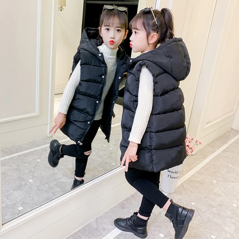 Autumn Spring Children Mid-length Sleeveless Hoodies Jacket Kids Casual Hooded Waistcoat Girls Boys Thick Warm Long Vest Outwear