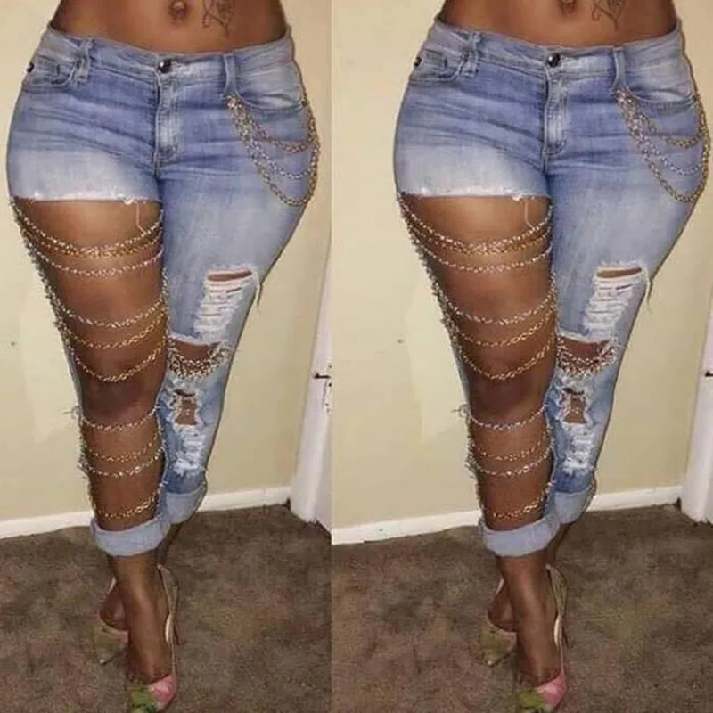 Женская джинсовая цепочка на джинсы брюки из потертого денима с заниженной