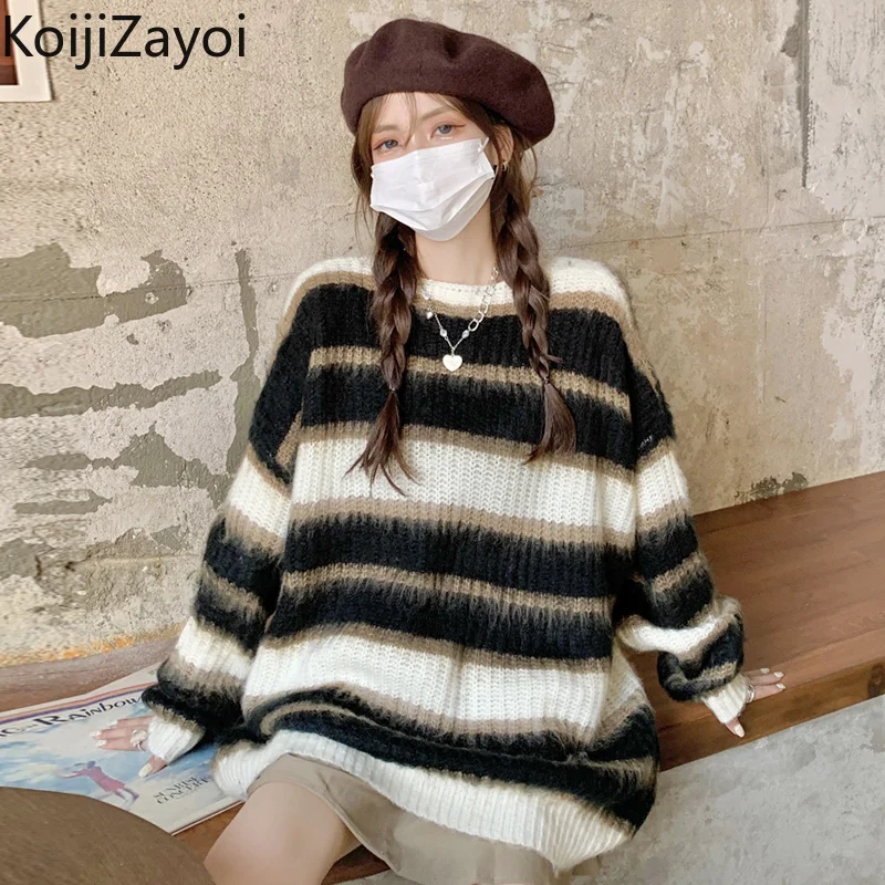 

Koijizayoi Vintage Women Soft Striped Sweater Casual Loose Autumn Winter Pullover Fashion Students Outwear Jumpers Chic 2022 New