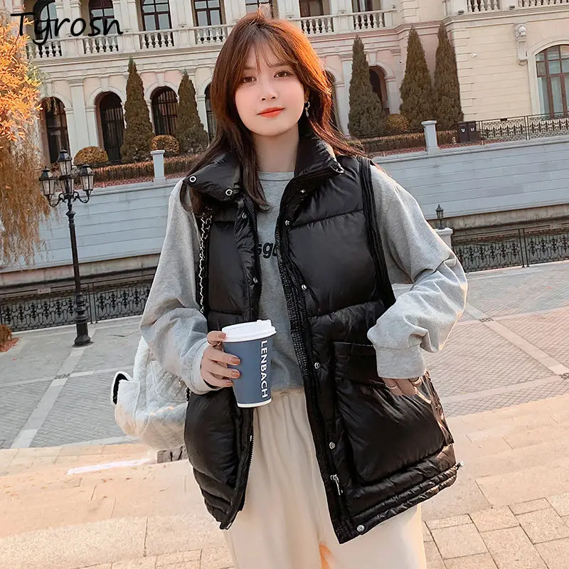 

Жилеты женские в стиле ретро, однотонная черная уличная одежда на молнии, на пуговицах, свободные плотные безрукавки Ulzzang, Женская куртка с о...