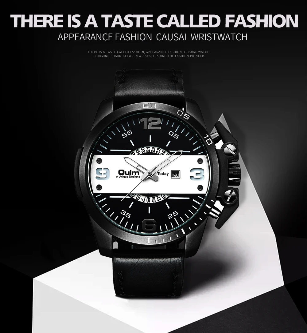 Модные Повседневные Мужские кварцевые аналоговые часы OULM с кожаным ремешком и
