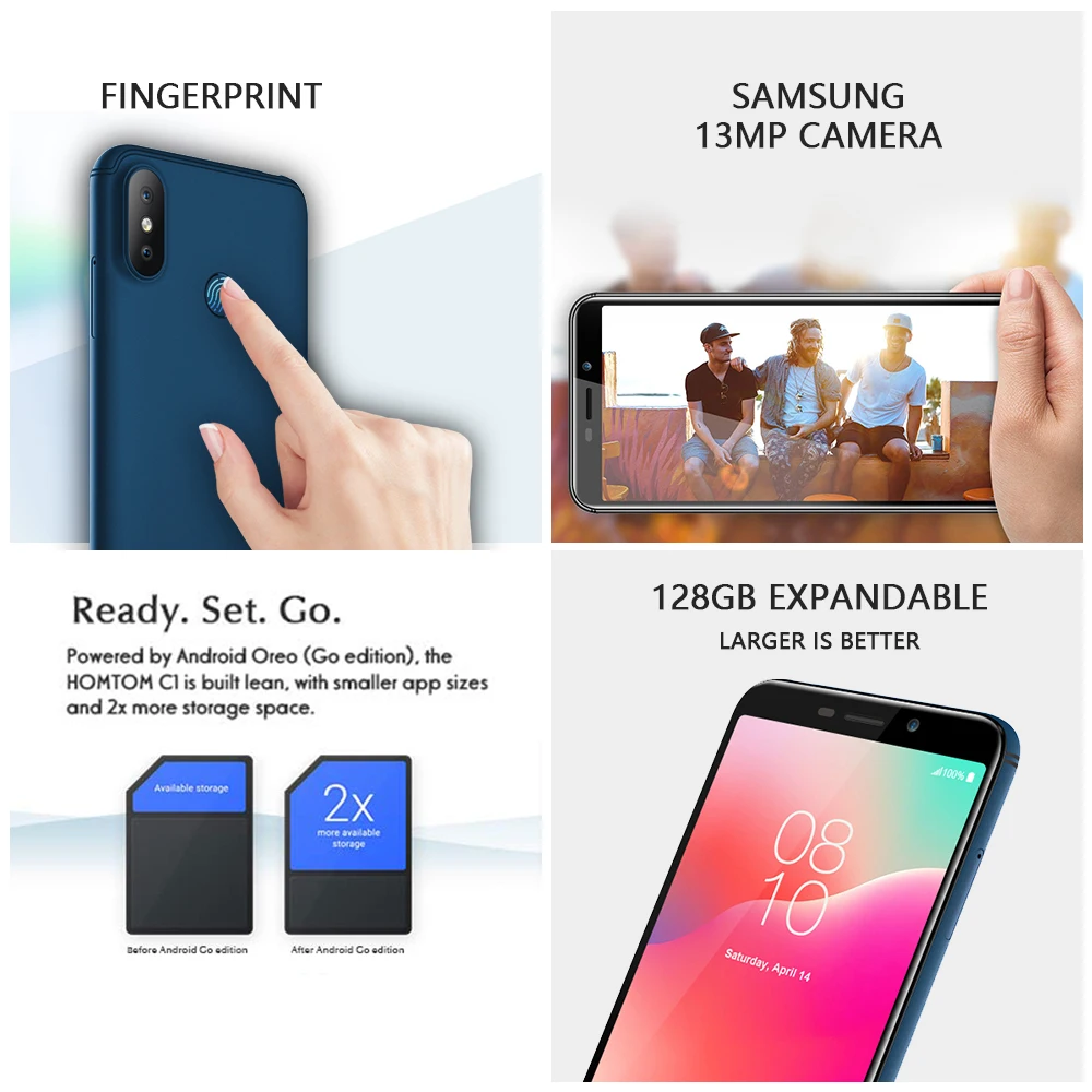 Оригинальная версия HOMTOM C1 16G rom 5," мобильный телефон 13 МП камера отпечаток пальца 18:9 дисплей Android 8,1 MT6580A разблокировка смартфона