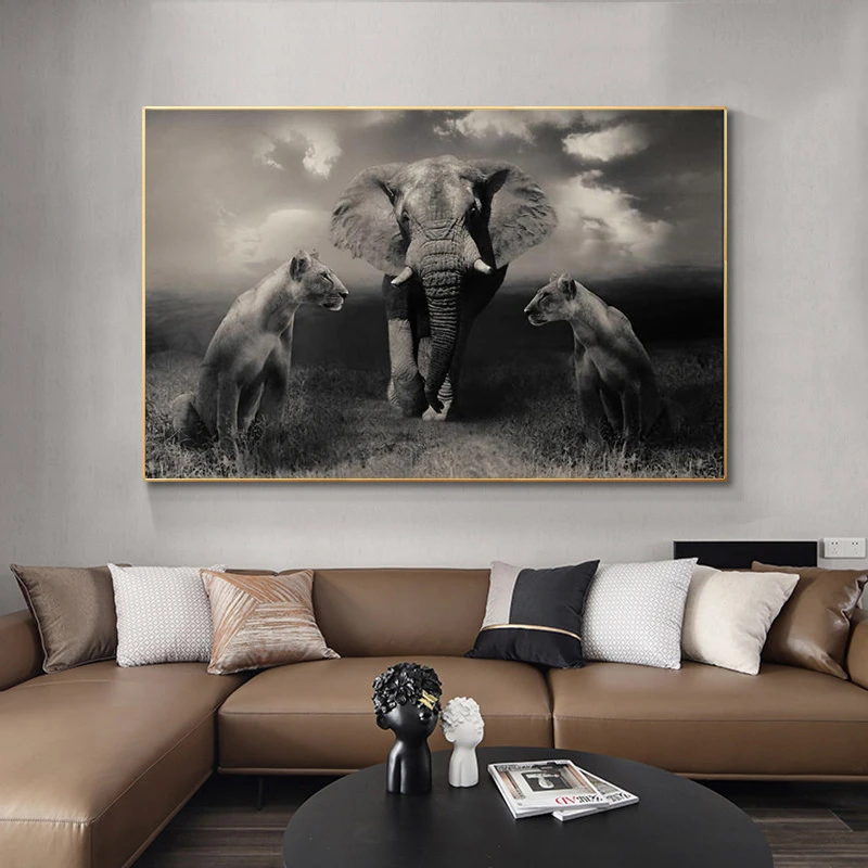 

African Wild Lions and Elephant Canvas Art Posters and Prints Black And White Animals Art Paintings on the Wall Art Pictures