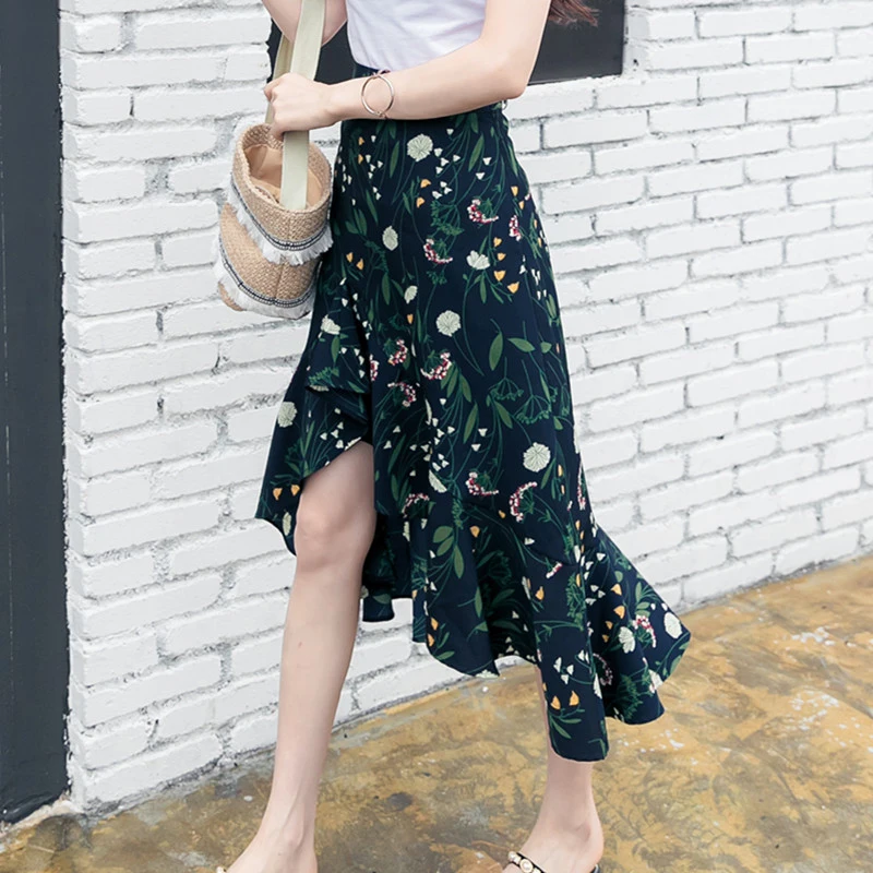 

Office Lady Irregular Floral Mermaid Skirt For Woman Clothes Spring Autumn New Ruffle Midi Skirts Korean Vintage Womens Skirt