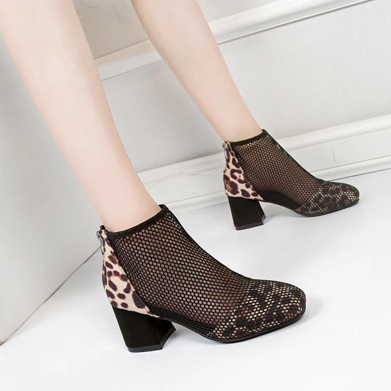 

2021 Summer New Women's Shoes Leopard Print Zipper High Heels Mesh Breathable Square Root High Heels Comfortable Casual Shoes