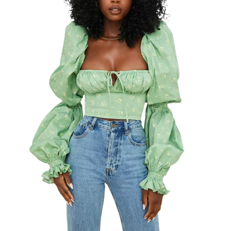 

Женский пуловер с квадратным вырезом, укороченный топ с длинными расклешенными рукавами и цветочным принтом, S/ M/ L