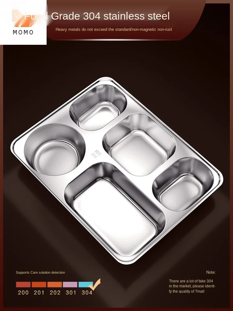 

Stainless Steel Snack Plate Separated Children's Dinner Plate Compartment Canteen Meal Tray Home Use Four Grid Adult Tableware