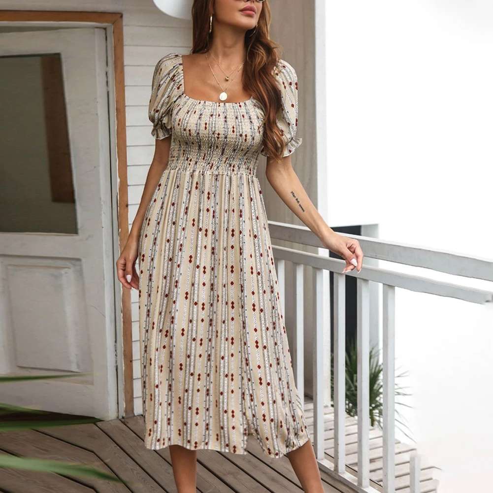 

Vintage Short Sleeve Midi Dress Women Summer 2021 Fashion Casual Woman Off Shoulder Slim Print Office Ladies Dresses Elegant
