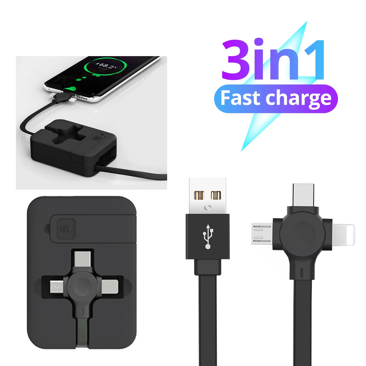 

4in1 Retractable USB Type C Micro USB Powerbank Charge Cable With Phone Holder Data Cord Fast Charging for iphone 12 XS Android