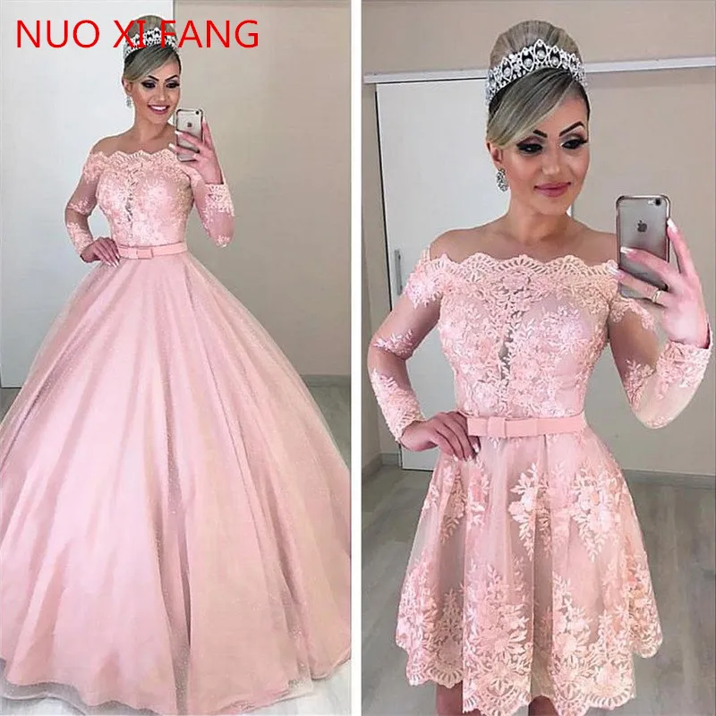 

2 in 1 Elegant Lace 2020 Wedding Dress Soft Tulle Detachable Skirt Pink Bride Dresses Robe de Mariee Wedding Party Dance Gown