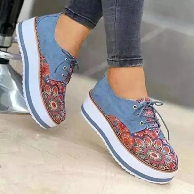 

Women Platform Shoes Sneakers Vintage Floral Printed Patchwork Lace Up Vulcanized Shoes Wedge Women Comfy Flats Zapatillas Mujer