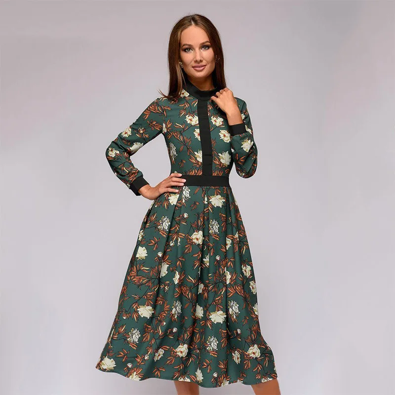 

Popular Autumn Spring Long Sleeve High Collar Print Elegant Women Dress Splicing Party Business Holiday Office Knee-Length Dress