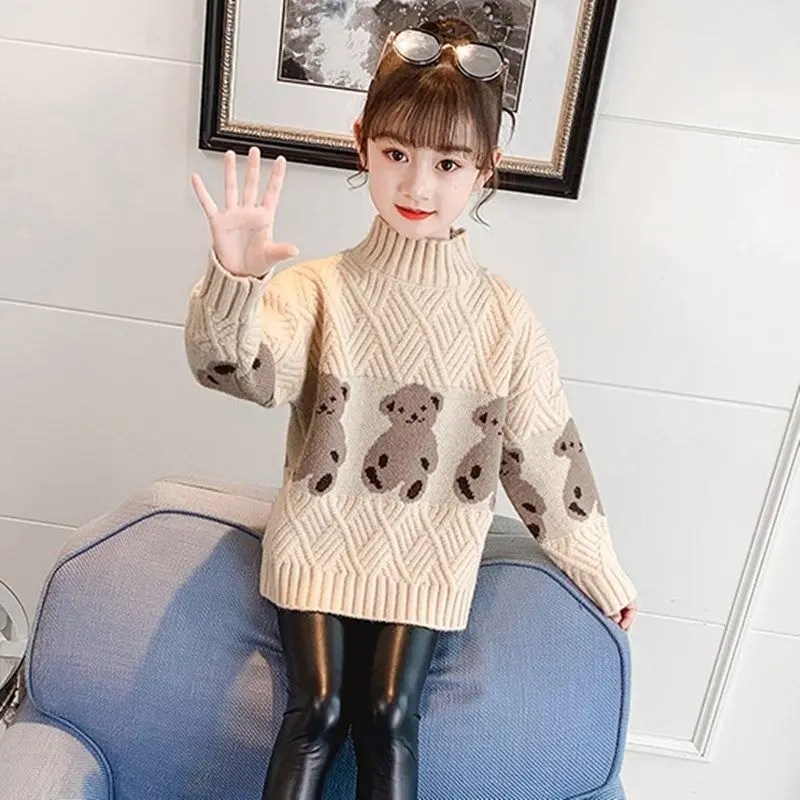 

Girls' sweaters 2021 new children's autumn knitted sweaters diamond plaid cartoon bear children's sweater turtleneck 3 colors