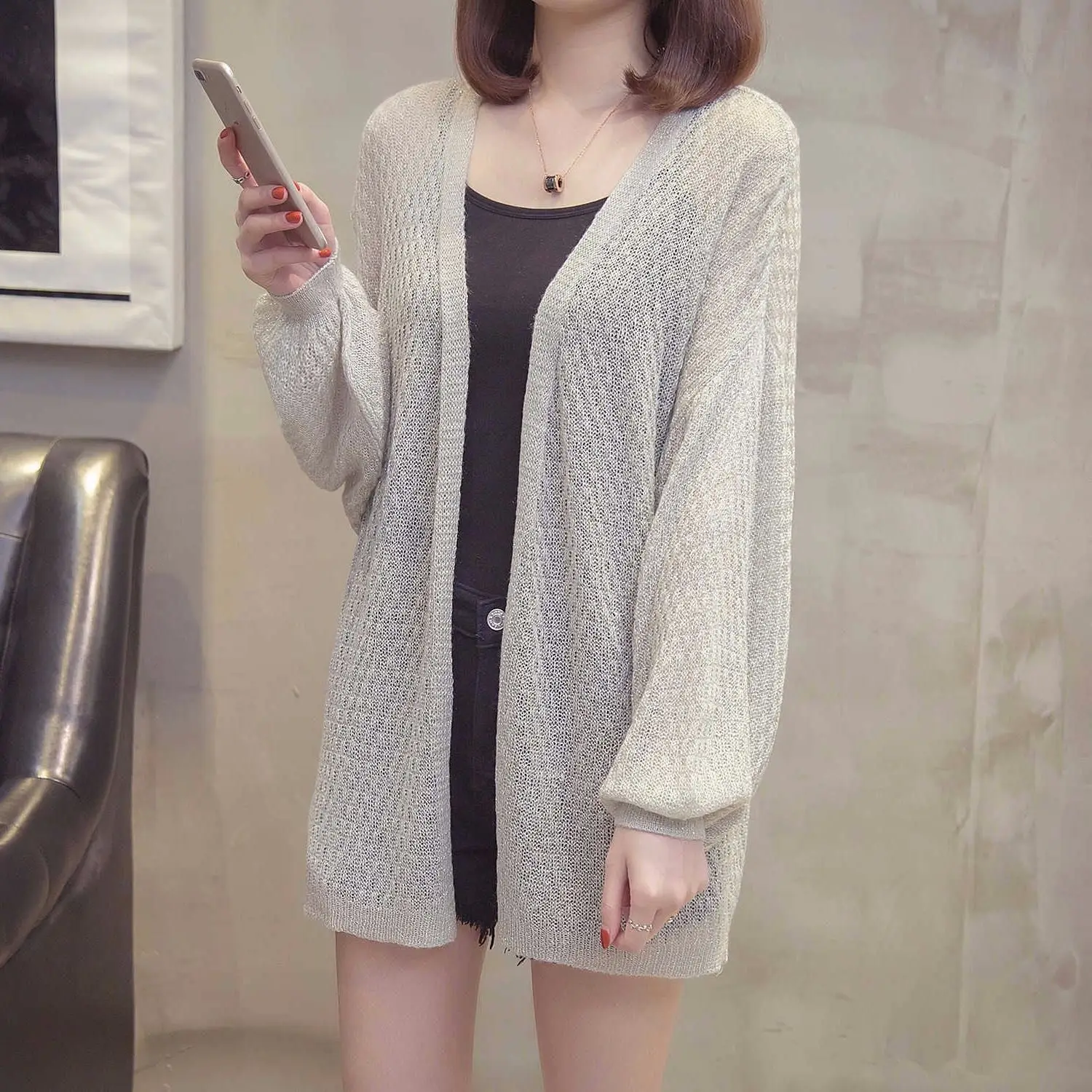 

Lantern sleeve women's summer shawl jacket beach clothing loose sun protection clothing knitted cardigan P3 1056