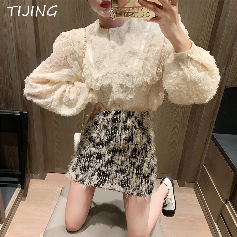 Осенняя модная женская блузка с длинным рукавом белые кружевные топы летние