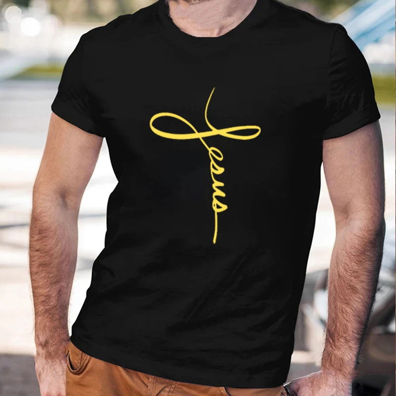 

Jesus Christian Cross Design Creativity Pray Men's Cotton T Shirt Fashion Summer Casual Black White Tops 2021 Hot Sale Tee
