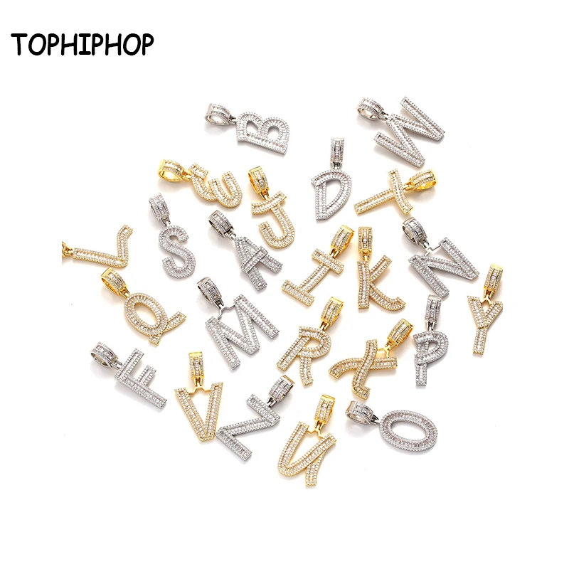 

HipHop A-Z 26 Alphabet Iced Out Zircon Initial Letter Pendant Men's Brass Baguette Charm Necklace Jewelry