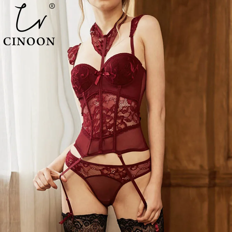 CINOON, сексуальные корсеты и бюстье, нижнее белье, сексуальные цветочные кружевные бюстье, очаровательное Прозрачное нижнее белье на бретелях, женское 3 шт./партия