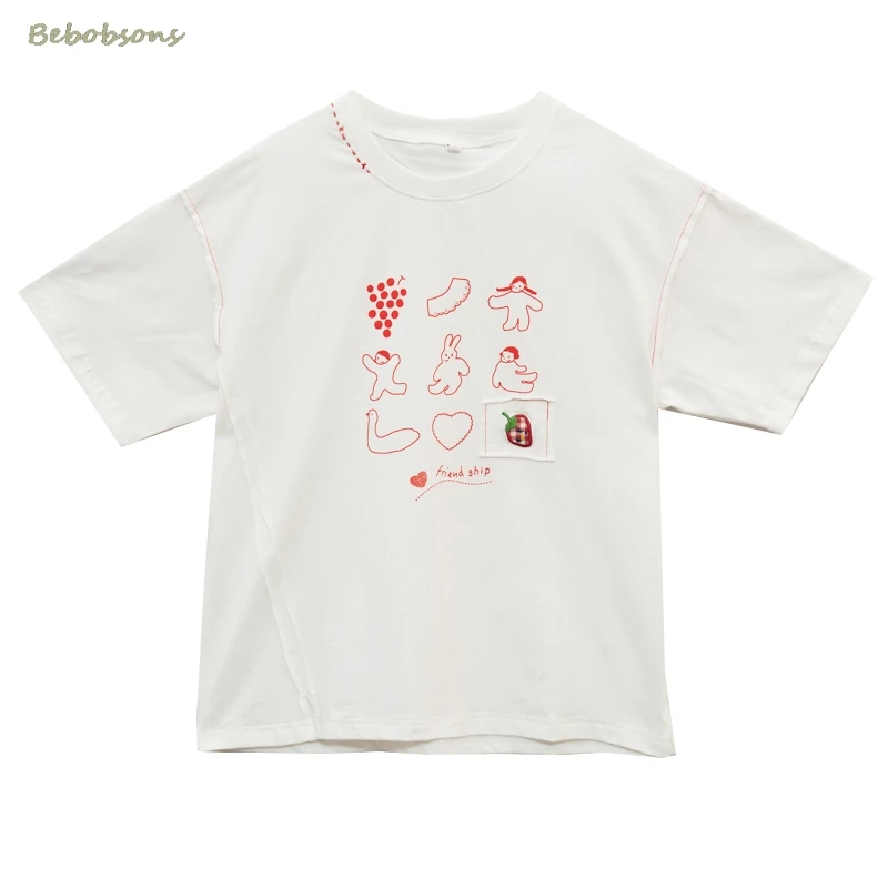 Женская хлопковая Футболка с круглым вырезом вышивкой коротким рукавом летняя