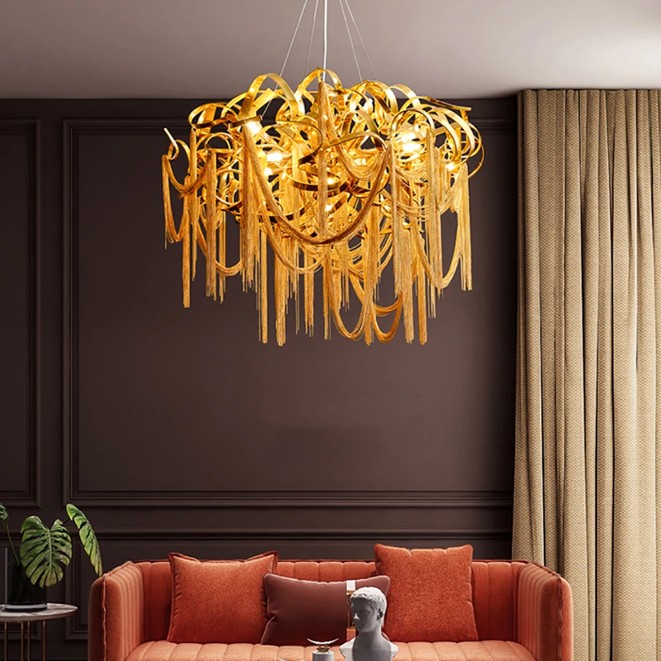 

Nordic Luxury Gold Tassel Chandelier Lighting Modern Living Room LED Chandeliers Kitchen Hotel Hanging Lamp Lighting Fixture