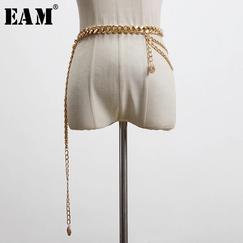 [EAM] Женский Асимметричный длинный ремень с металлической цепочкой разрезом
