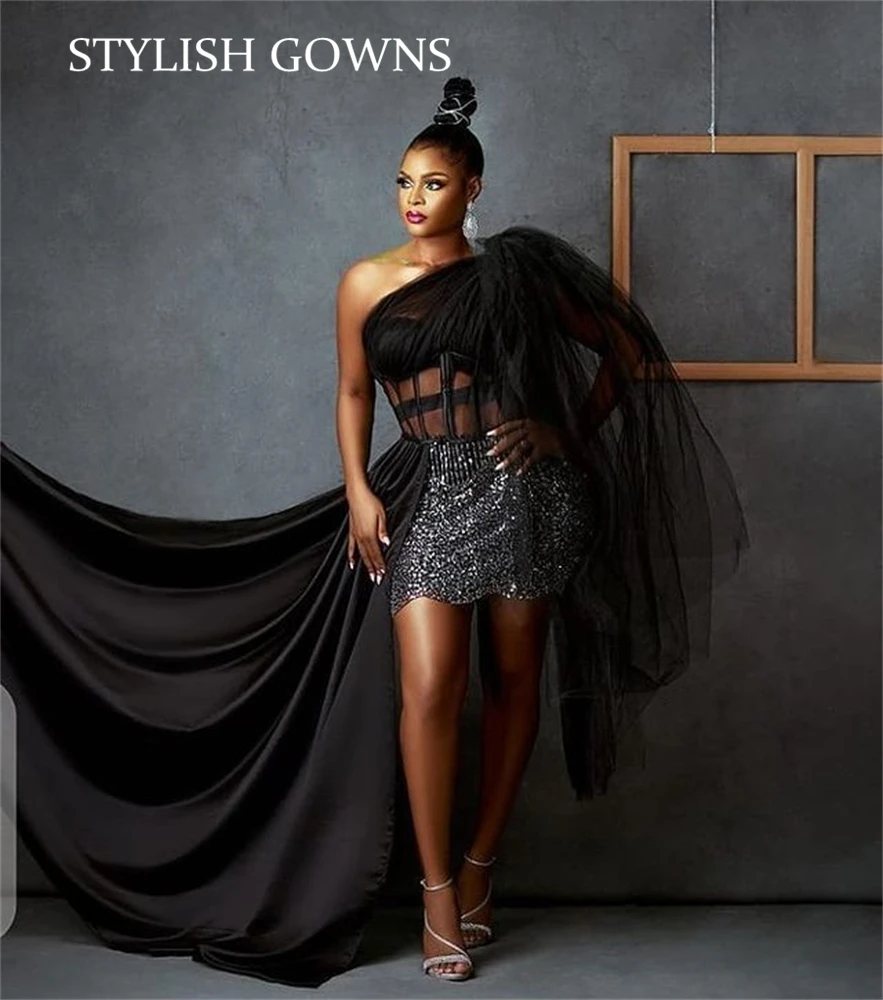 

Sexy Black One Shoulder Short Mermaid Prom Dresses Pleats 2021 Mini Cocktail Homecoming Dress Robe De Soiree