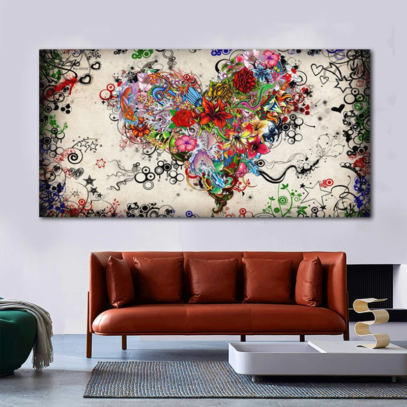 Абстрактная Красочная картина маслом в форме сердца и цветов на холсте плакаты