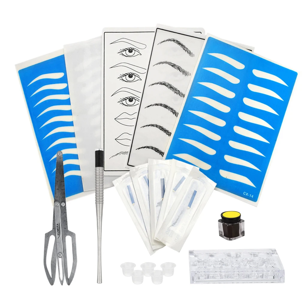 Практики брови комплект ручка для нанесения татуировок иглы чашки пигментов