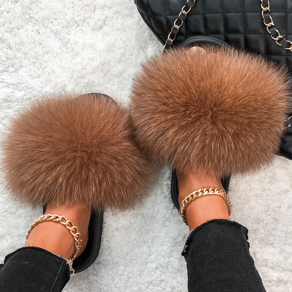 2021 Lady Real Fox Fur Slippers Slides Plus Raccoon Fur Flip Flops Summer Extra Large Hair Sandals Flat Shoes