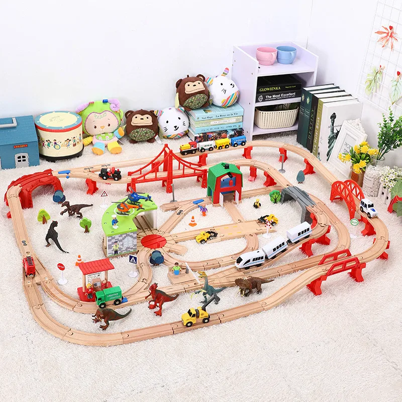Dinosaur track Wooden Train Track Set Dinosaur Wildlife Scene Wooden Train Track Toy Set Brio Railway Magical Bridge Accessories Toys For Child - Цвет: Dinosaur track
