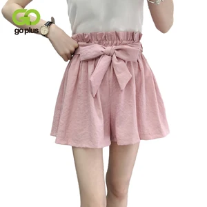 Шорты женские летние однотонные с высокой талией и бантом, C7497