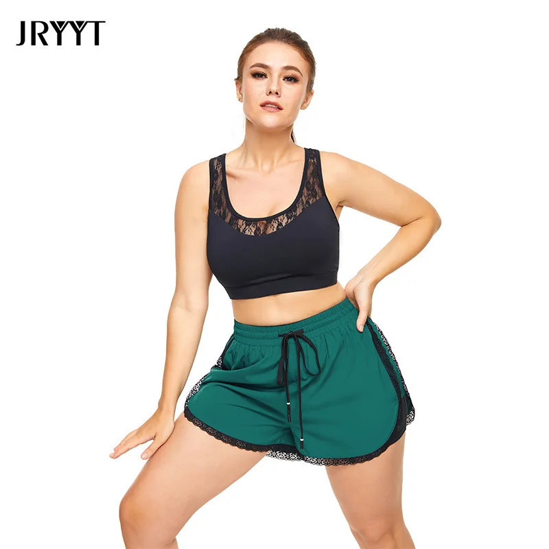 

JRYYT Workout Lace Sport Bra and Shorts Two Piece Yoga Sets Women Plus Size Sleeveless Fitness Tops Female Gym Loose Shorts 2021