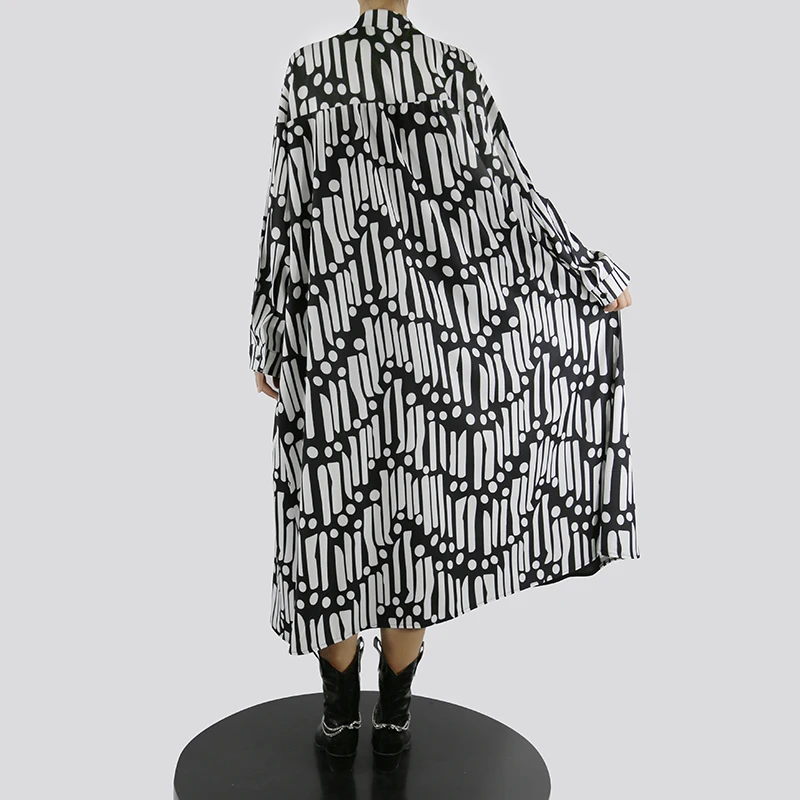 Женское платье-рубашка размера плюс с геометрическим принтом зимнее черное