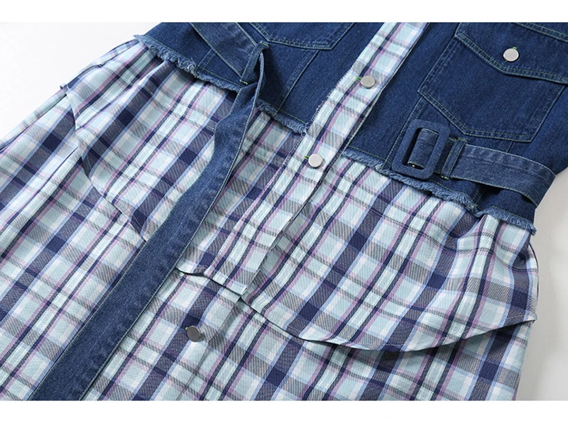 

Big Size Women Plaid Spliced Denim Belt Dress New Lapel Long Sleeve Loose Fit Fashion Tide Spring Autumn 2021 1DD2886