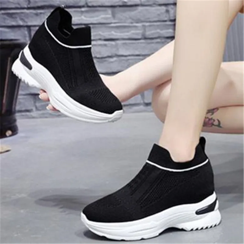 

New 2020 Breathable Women Socks Shoes Summer Comfortable Chunky Sneakers 7.5CM Wedge Autumn Ankle Boots Platform White Mesh Shoe