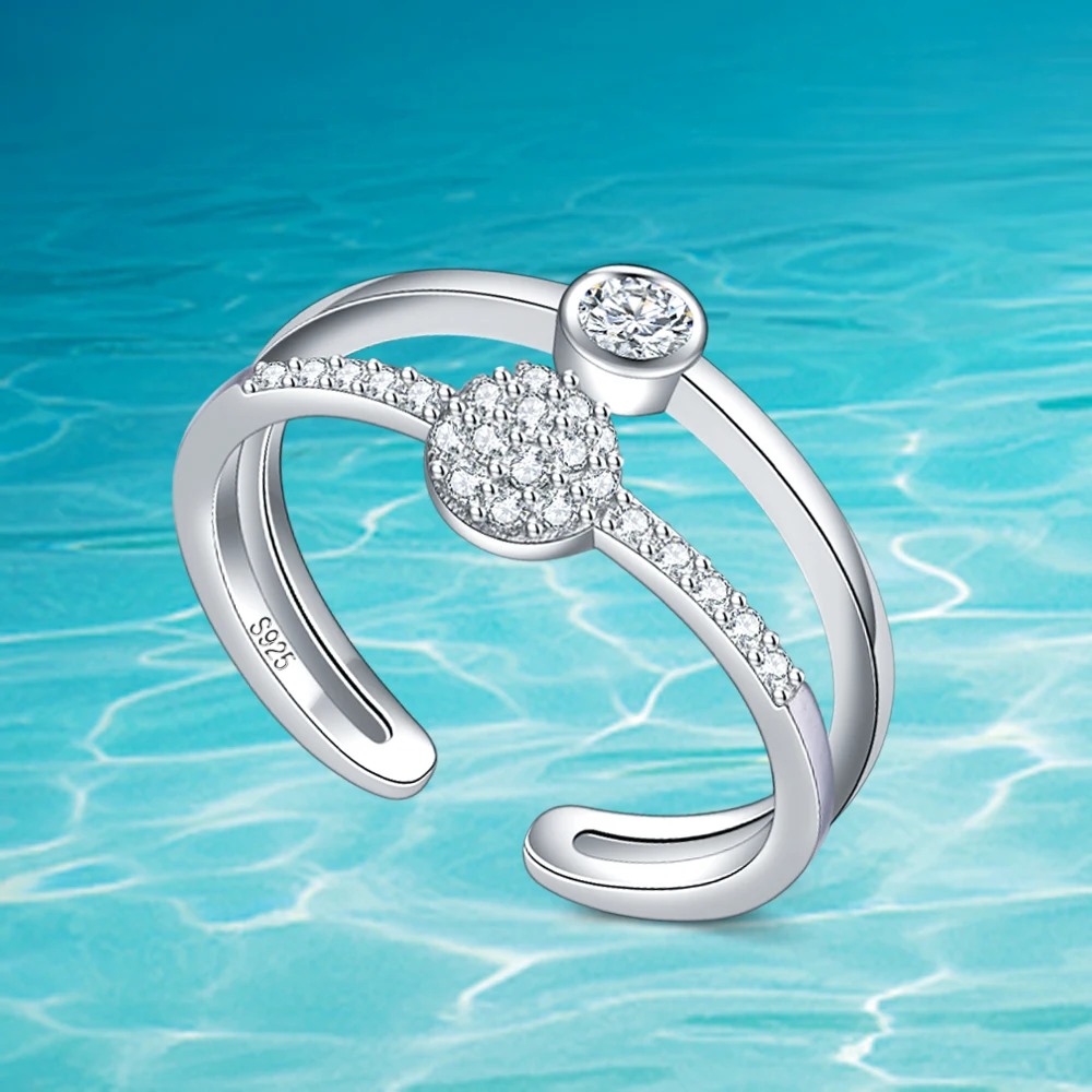 

Dankadi 925 Sterling Silver New Women Cubic Silver Ring Opening Adjustable Ring Double Geometric Circle Zirconia Jewelry
