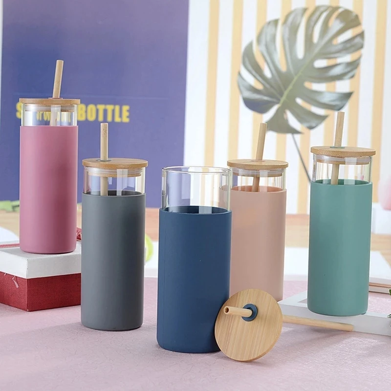 

1 pcs 480ML bamboo lid straw silicone sleeve single layer glass glass bottle tea cup