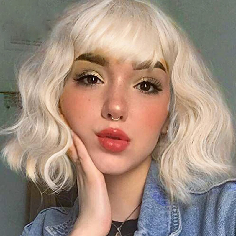 

Short Synthetic Lace Front Wig Hot Pink Black Blue Wig With Bangs Curly Bob Colored Cosplay Glueless Frontal Cheap Lolita Wigs