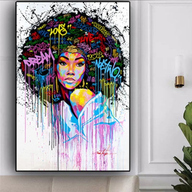 

Modern Graffiti Art Abstract African Girl Canvas Paintings Posters and Print Canvas Black Woman Cuadros Wall Pictures Home Decor