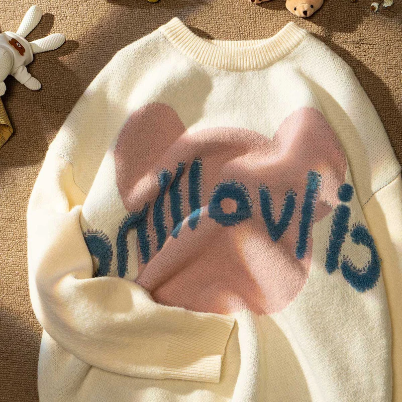 

DAYIFUN Sweater Women Harajuku Vintage Cartoon Bear Letter Print O-neck Pullover Knitted Sweet Loose Chic Thick Winter Jumper