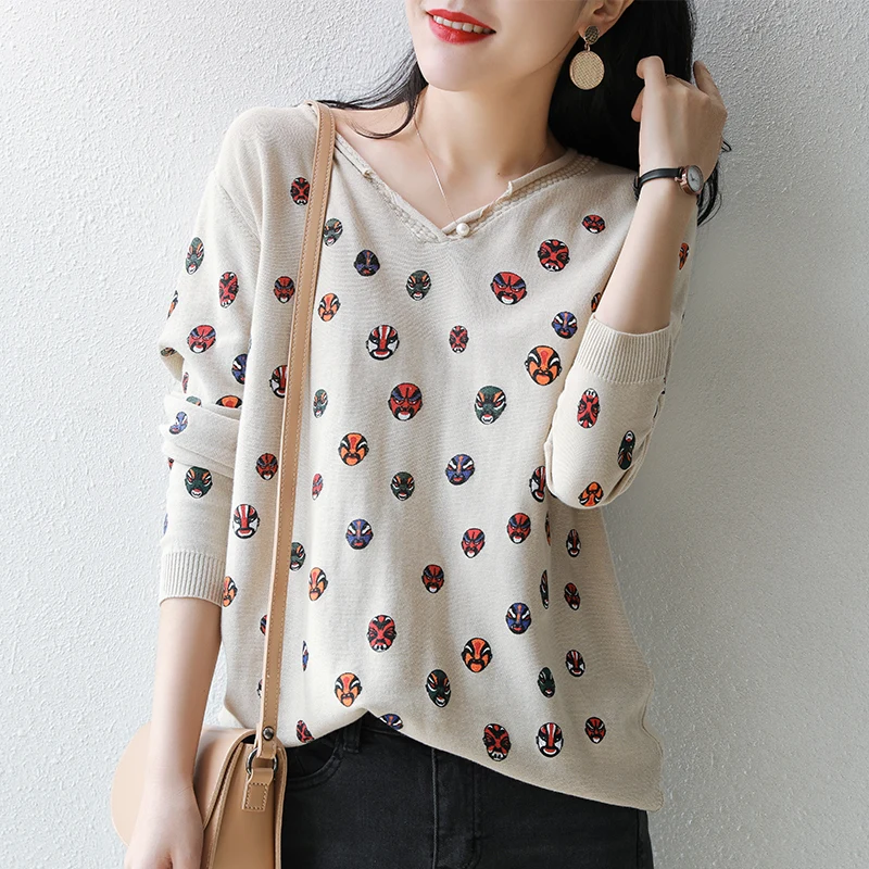 

Cotton and hemp knitwear women's pure cotton spring new loose Pullover thin long sleeve top casual print bottoming shirt V-neck